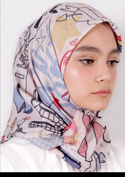 Hijab segi empat Love in Paris Graffiti Blue Mist, jilbab Street Style, Roujak Paris, Premium voaL