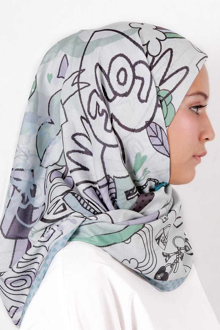 Hijab segi empat Love in Paris Graffiti Green, jilbab Street Style, Roujak Paris, Premium voal